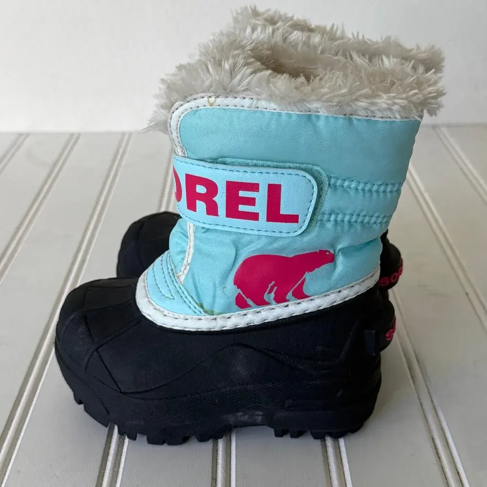Sorel Snow Commander kids' boots size 6 blue pink logo black rubber shell.